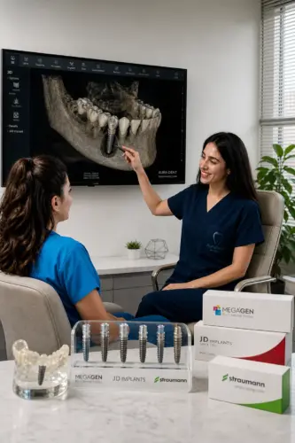 A specialist dentist at AuraDent in Nicosia examining a 3D CBCT scan to choose the best dental implant brand for a patient's smile restoration