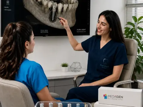 A specialist dentist at AuraDent in Nicosia examining a 3D CBCT scan to choose the best dental implant brand for a patient's smile restoration