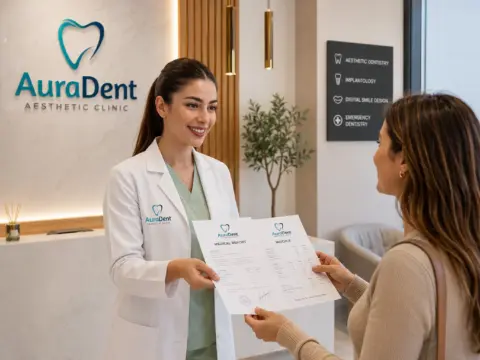 Kıbrıs Lefkoşa AuraDent kliniğinde acil diş tedavisi sonrası sigorta raporu ve fatura teslimi