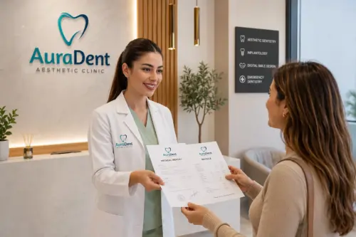 Issuance of an insurance report and invoice following emergency dental treatment at the AuraDent clinic in Nicosia, Cyprus