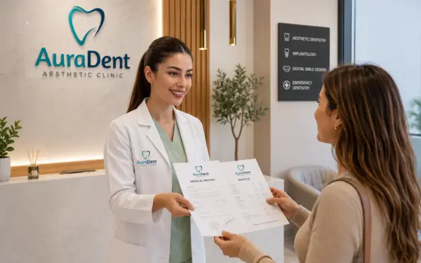 Kıbrıs Lefkoşa AuraDent kliniğinde acil diş tedavisi sonrası sigorta raporu ve fatura teslimi